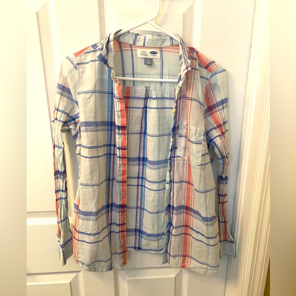 Old Navy pink and blue plaid blouse - Picture 1 of 4